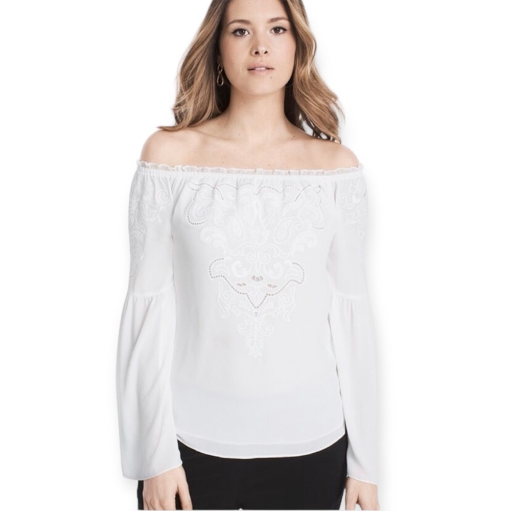 White House Black Market WHBM White Embroidered Off Shoulder Blouse Size Medium - Picture 2 of 14